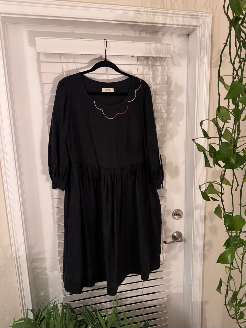 Hand Embroidered Black Linen Smock Dress